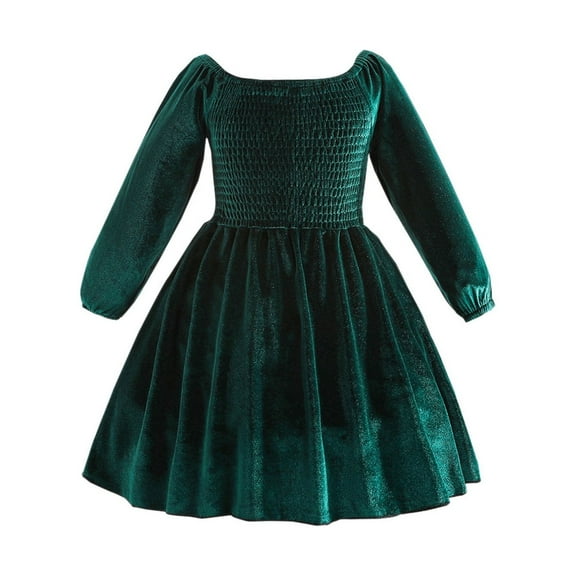 Toddler Baby Girls Velvet Dress Christmas Tunic Long Sleeve Dress Smocked Square Neck Twirly Vintage Elegant Formal Gown, Green, 1 Years