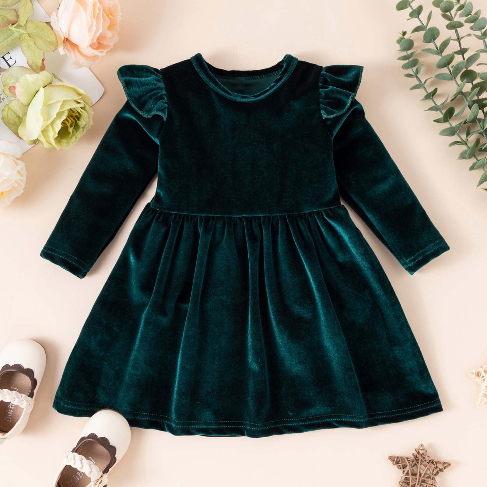Toddler Baby Girls Velvet Dress Ruffle Long Sleeve A-line Casual