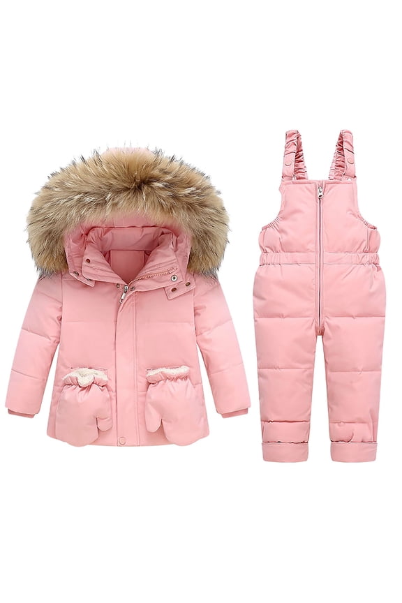 Toddler Baby Girls Winter 𝗦now Suit 2 Piece Puffer Warm 𝗙aux Fu𝗿 Hooded Snowsuit Jacket Pants Zip Up Ski Clothes Set