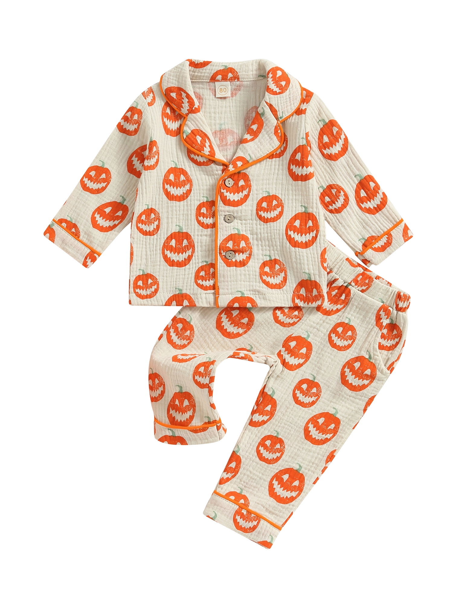 Toddler Baby Halloween Pumpkin Cotton Linen Pajamas Set Kids Boys Girls Long Sleeve Button Down