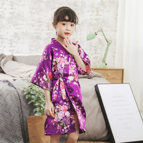 Toddler Baby Kid Girls Floral Silk Satin Kimono Robes Bathrobe Sleepwear Clothes