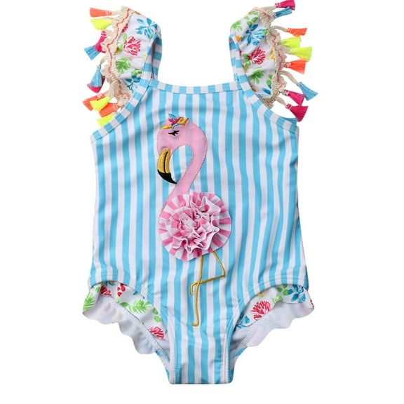 Toddler Baby Kid Girls Stripes Flamingo Bikini One Piece Beach Bathing Suit Swimwear