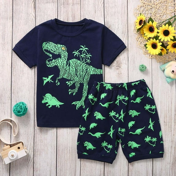 Toddler Baby Kids Boys Dinosaur Print Tops Shorts Pants Pajamas Sleepwear Set Size 4-5T