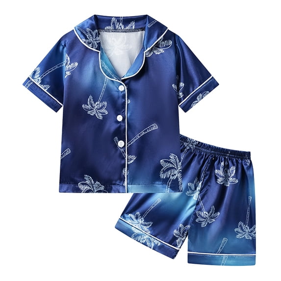 Toddler Baby Kids Boys Girls Satin Summer Pajamas Set Short Sleeve Button-Down Pajamas Top Pants 2Pcs Loungwear Sleepwear Pjs 0-6 Years