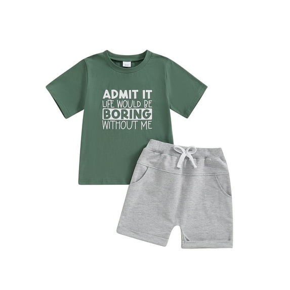 Toddler Baby Kids Boys Summer Outfits 12 18 24 Months 2T 3T 4T 5T Letter Print Round Neck Short Sleeve T-Shirts Elastic Waist Shorts 2Pcs Clothes Set