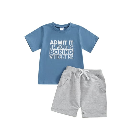 Toddler Baby Kids Boys Summer Outfits 12 18 24 Months 2T 3T 4T 5T Letter Print Round Neck Short Sleeve T-Shirts Elastic Waist Shorts 2Pcs Clothes Set