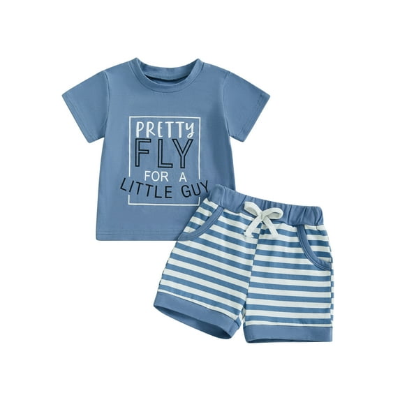 Toddler Baby Kids Boys Summer Outfits Sets 6 12 18 24 Months 2T 3T 4T Letter Print Short Sleeve Round Neck Tops Elastic Waistband Striped Shorts Clothes Set