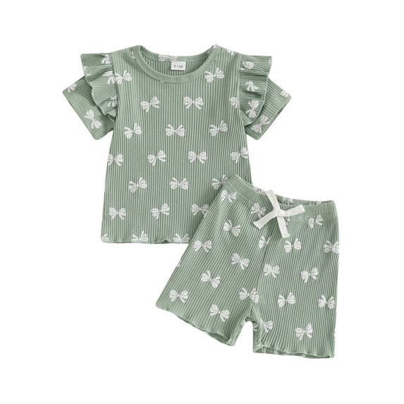 Toddler Baby Kids Girl Bow Ribbed Outfit 6 12 18 24 Months 2T 3T 4T Ruffle Short Sleeve T-shirt Elastic Waist Shorts 2 Piece Summer Clothes Set