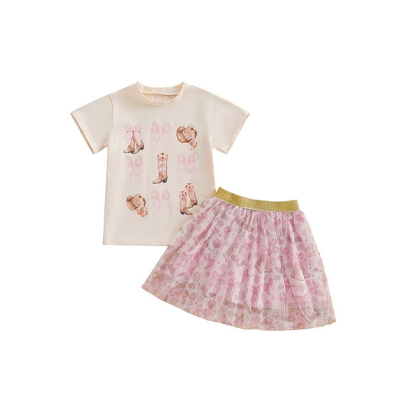 Toddler Baby Kids Girls 2Pcs Summer Outfits 12 18 24 Months 2T 3T 4T 5T Short Sleeve Bow Boots Print Tops + Tulle Skirt Set Baby Western Clothes Set