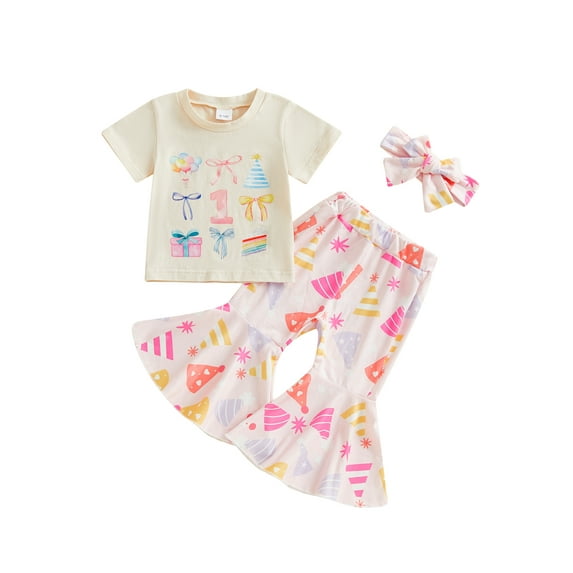 Toddler Baby Kids Girls Birthday Clothes Set 6 12 18 24 Months 2T 3T 4T Short Sleeve Bow Print T-Shirt with Hat Pattern Flare Pants and Headband