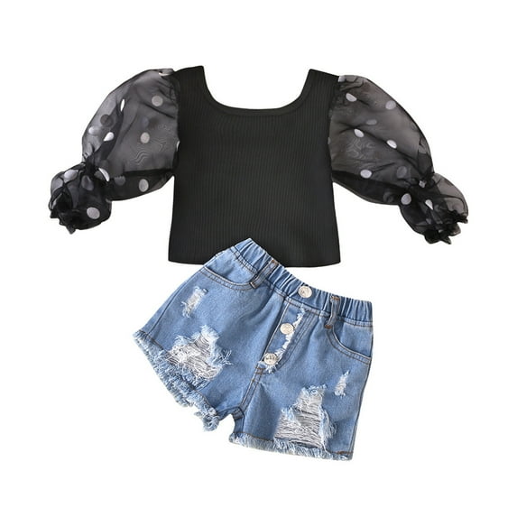 Toddler Baby Kids Girls Set Puff Sleeve Polka Dot Tops Ripped Jean Shorts Outfits For 3-4 Years