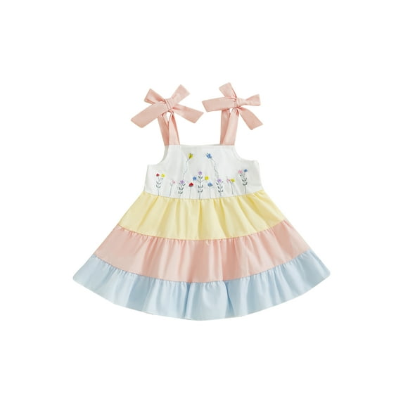 Toddler Baby Kids Girls Sleeveless Dresses 6 12 18 24 Months 2T 3T 4T Casual Floral Embroidery Rainbow Striped Tie up Strap A-Line Dress for Cute Clothes