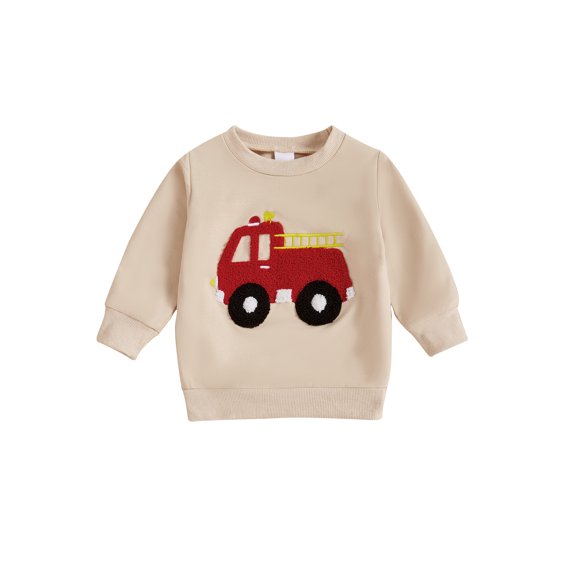 Toddler Baby Little Boys Autumn Sweatshirts 3 6 12 18 24 Months 2T 3T Long Sleeve Round Neck Excavator/ Truck Embroidery Pullover