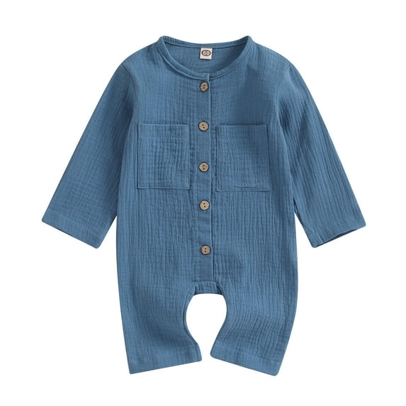 Toddler Baby Long Sleeve Rompers Solid Color Button Jumpsuit with Pockets for Newborn Infant Cute Clothes