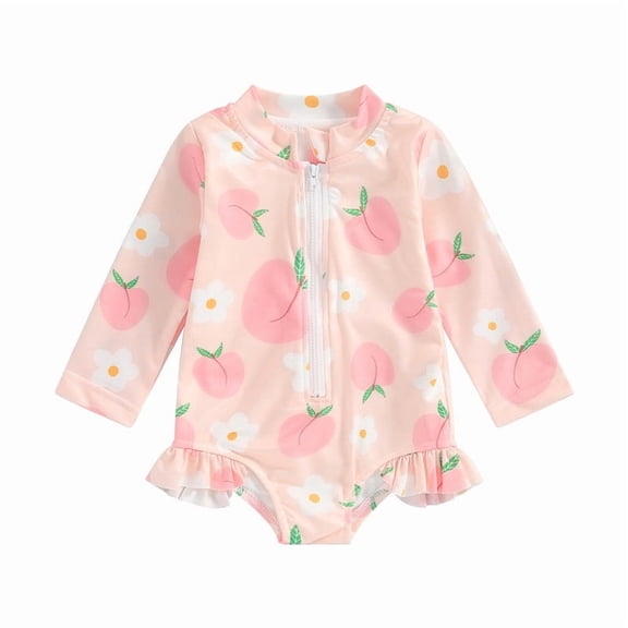 Toddler Baby Long Sleeve Swimsuits Girls Rash Guard One Piece Bathing Suits Ruffle Butt Cute Zipper Swimwear Pink, 12 Months