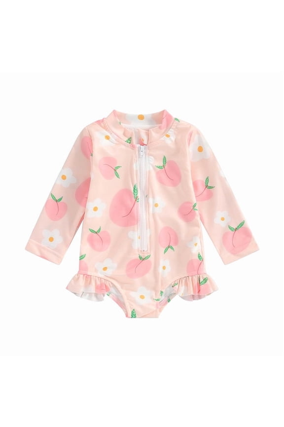 Toddler Baby Long Sleeve Swimsuits Girls Rash Guard One Piece Bathing Suits Ruffle Butt Cute Zipper Swimwear Pink, 6 Months