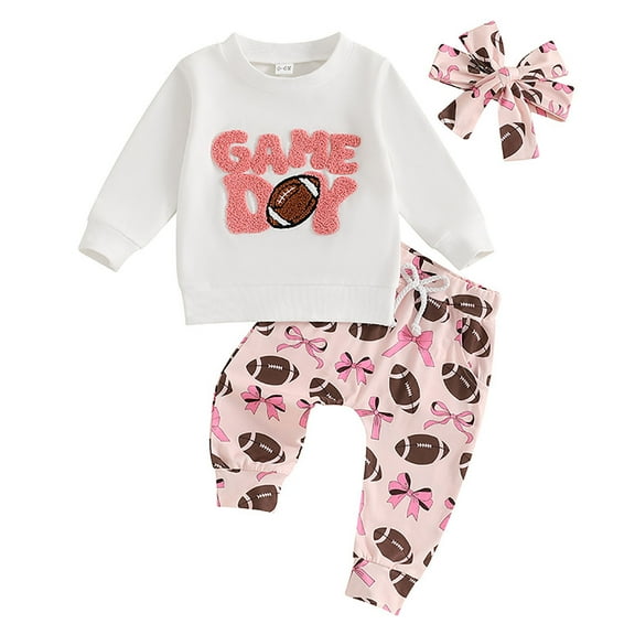 Toddler Baby Outfits Football Embroidery Crewneck Sweatshirt Top Long Sleeve Top + Long Pants Headband 3 PC Set