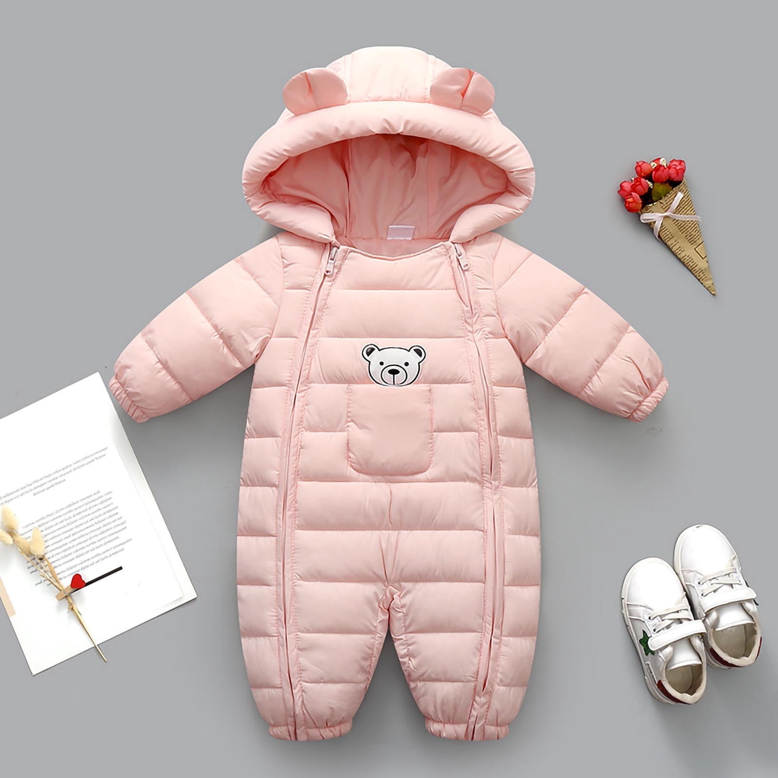 Toddler Baby Quilted Jumpsuit Winter Thermal Warm Hooded Footed One Piece Zip Up Romper Outdoor Play Daily Wear for Boy Girl 0-18 Months
