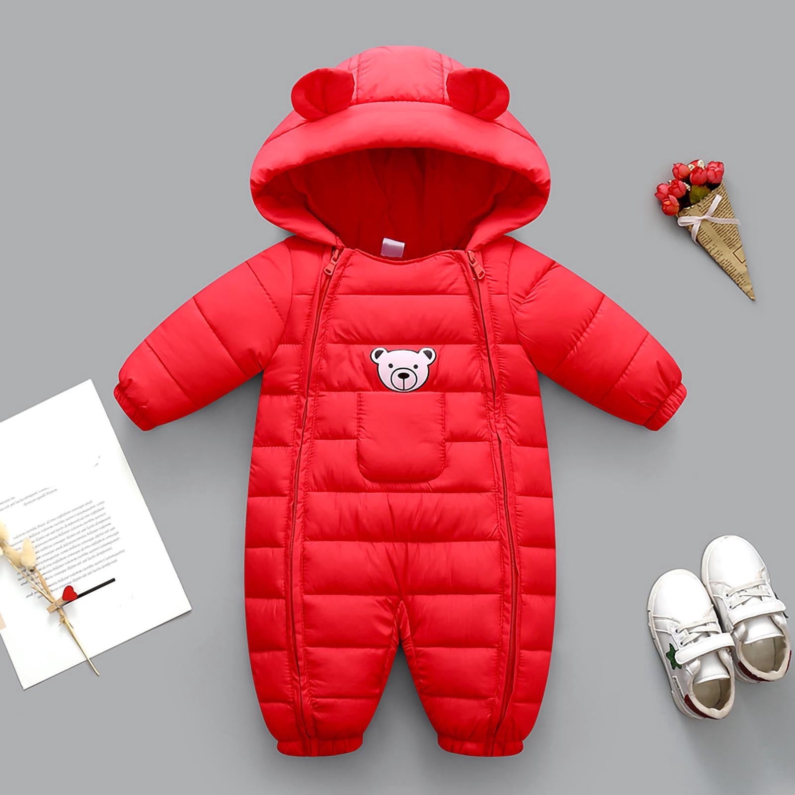 Toddler Baby Quilted Jumpsuit Winter Thermal Warm Hooded Footed One Piece Zip Up Romper Outdoor Play Daily Wear for Boy Girl 0-18 Months