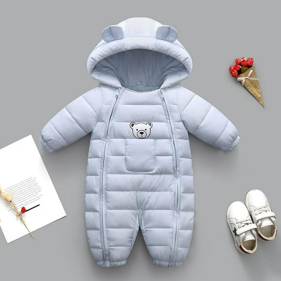 Toddler Baby Quilted Jumpsuit Winter Thermal Warm Hooded Footed One Piece Zip Up Romper Outdoor Play Daily Wear for Boy Girl 0-18 Months