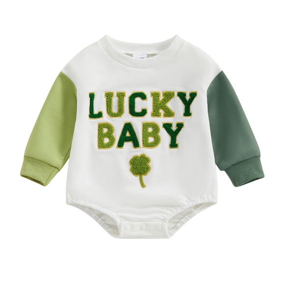 Toddler Baby Romper, Long Sleeve Crew Neck Embroidery Letters Shamrock Bodysuit Clothes for Girls Boys