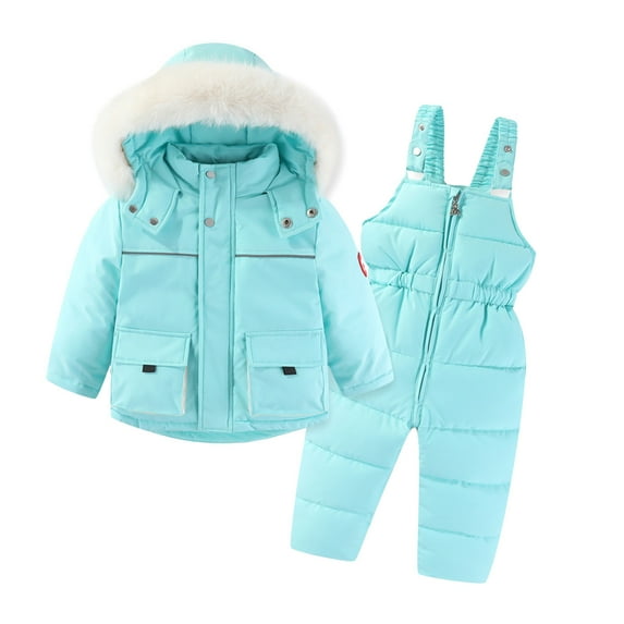 Toddler Baby Ski Suit Long Sleeve Hooded Down Jacket Puffer Jumpsuit Overalls Winter Warm 2 Piece Heavyweight Snowsuit, Light Blue, 3 Years