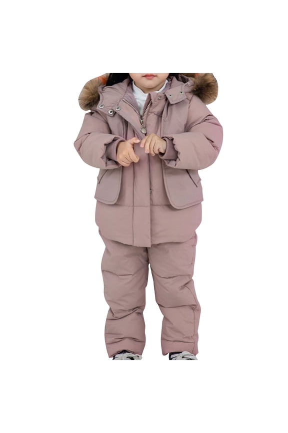 Toddler Baby Ski Suit Long Sleeve Hooded Down Jacket Puffer Jumpsuit Overalls Winter Warm 2 Piece Heavyweight Snowsuit, Pink, 3 Years