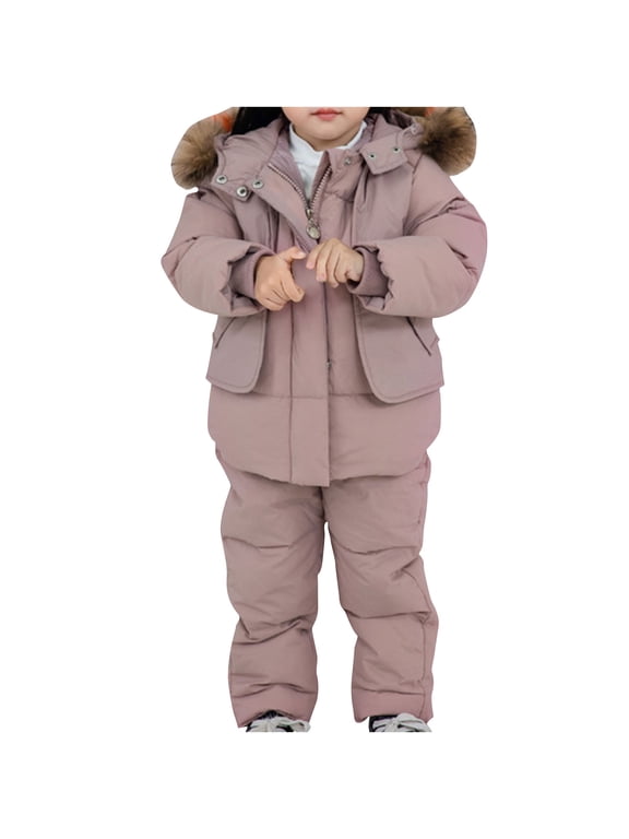 Toddler Baby Ski Suit Long Sleeve Hooded Down Jacket Puffer Jumpsuit Overalls Winter Warm 2 Piece Heavyweight Snowsuit, Pink, 4 Years