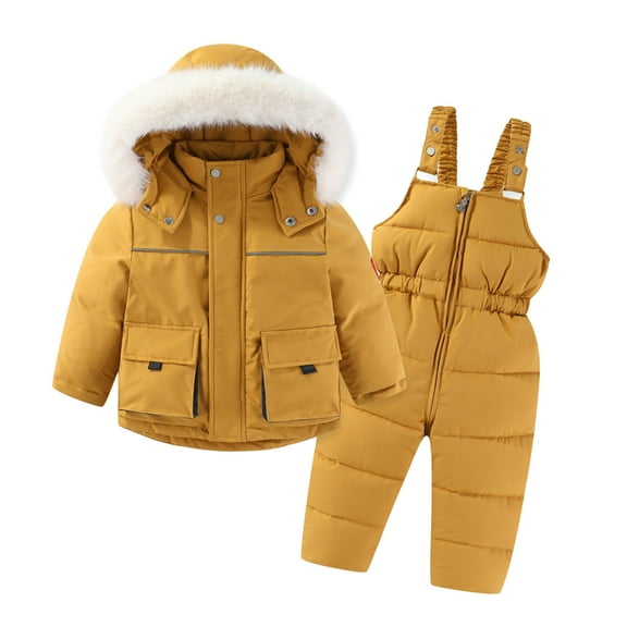 Toddler Baby Ski Suit Long Sleeve Hooded Down Jacket Puffer Jumpsuit Overalls Winter Warm 2 Piece Heavyweight Snowsuit, Yellow, 5 Years