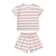 thumbnail image 1 of Toddler Baby Striped Pajamas Boys Girls 2 Piece Short Sleeve Pajama Set Crew Neck Drawstring Shorts Lounge Wear Set Pink, 1 Years, 1 of 2