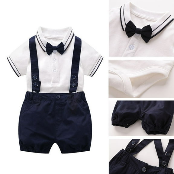 Toddler Baby Summer British Bow Tie Short-sleeved Romper Pullover Suit Boys Infant Baby Boy Summer Wedding Boys Casual Summer Clothes Sets