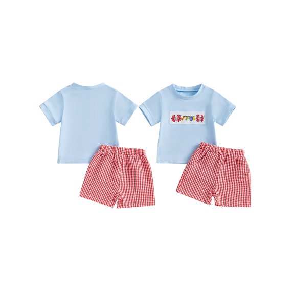 Toddler Baby Summer Outfit 6 12 18 24 Months 2T 3T Crab Embroidery Short Sleeve Round Neck T-Shirt + Plaid Pattern Shorts 2Pcs Sets