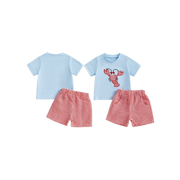 Toddler Baby Summer Outfit 6 12 18 24 Months 2T 3T Crab Embroidery Short Sleeve Round Neck T-Shirt + Plaid Pattern Shorts 2Pcs Sets
