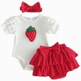 thumbnail image 1 of Toddler Baby Summer Outfits Girls Short Suit Adorable Strawberry Embroidery Romper & Ruffle Shorts with Headband 3-Piece Outfit Baby Girl Gift Set 6-12 Months, 1 of 8