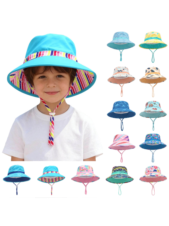 Boys Girls Beach Hats Kids Fashion Reversible Pineapple Print Bucket Hat Cotton Breathable UPF Sun Hat with Chin Strap 1-8 Years,Blue