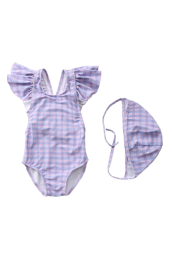 Toddler Baby Swimsuit with Sun Hat Infant Beach Swimwear One Piece Fly Ruffled Sleeve Plaid Bathing Suits (2 Years, Purple)
