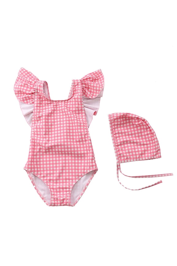 Toddler Baby Swimsuit with Sun Hat Infant Beach Swimwear One Piece Fly Ruffled Sleeve Plaid Bathing Suits (4 Years, Red)