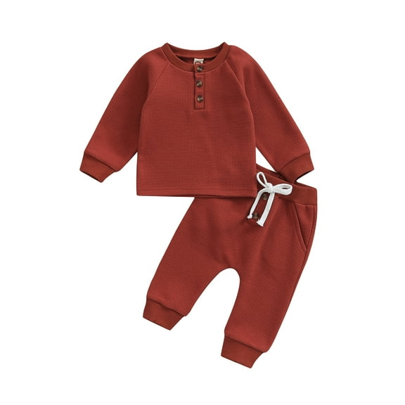 Toddler Baby Thicken Waffle Clothes Set for Boy Girls 0 6 12 18 24 Months 2T 3T Buttons Round Neck Long Sleeve Tops with Drawstring Elastic Waist Long Pants Fall Outfits