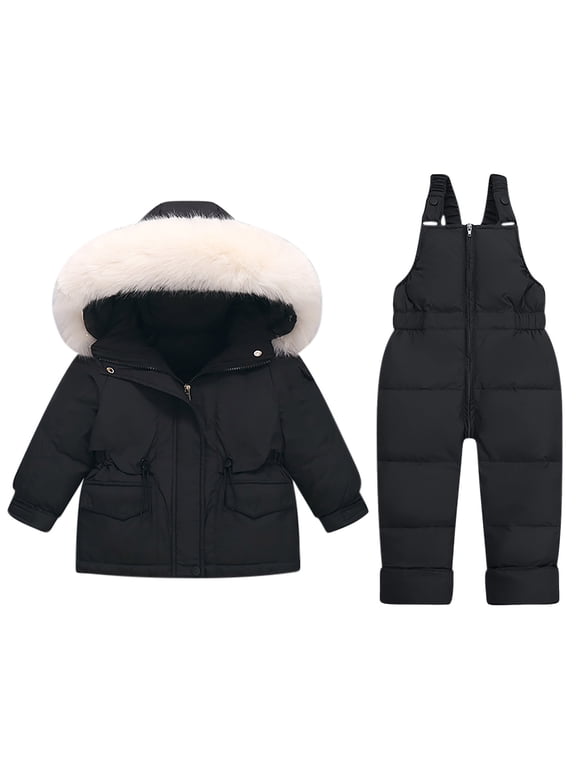 Toddler Baby Winter Ski Suit Long Sleeve Down Jacket Puffer Jumpsuit Overalls Windproof Warm Outerwear 2 Piece Snowsuit, Black, 12 Months