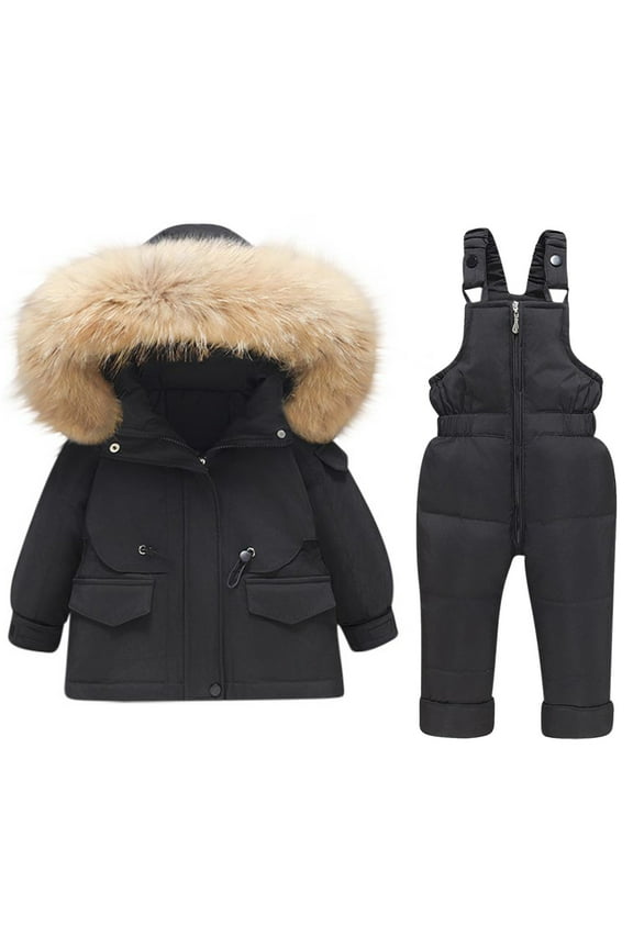 Toddler Baby Winter Ski Suit Long Sleeve Down Jacket Puffer Jumpsuit Overalls Windproof Warm Outerwear 2 Piece Snowsuit, Black, 2 Years