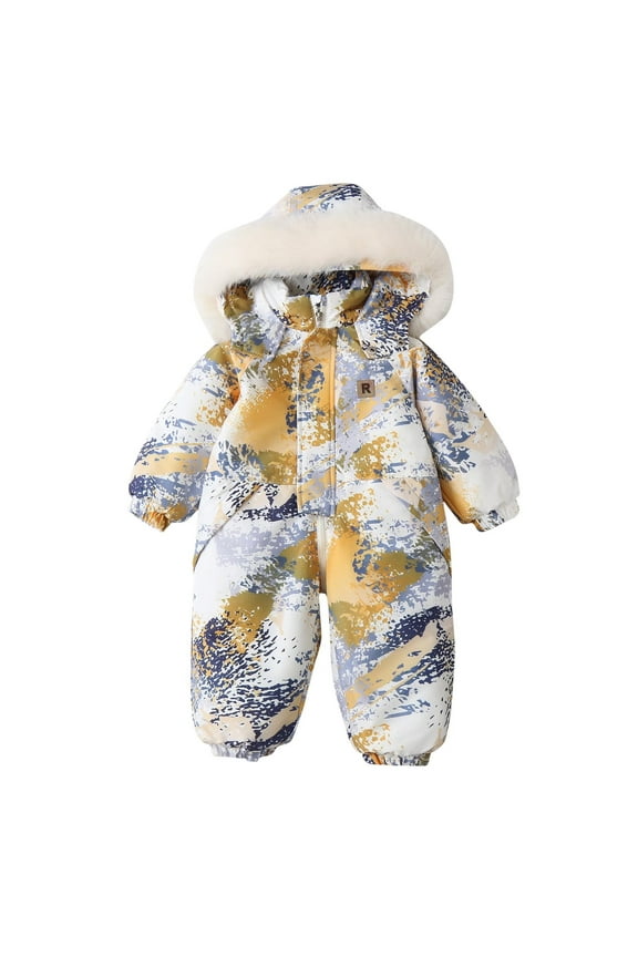 Toddler Baby Winter Snowsuit Camo Long Sleeve Windproof Overalls Ski Suit Waterproof Hooded Warm One Piece Jumpsuit, Yellow, 1 Years