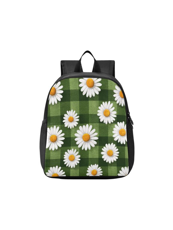 Toddler Backpack Cute Daisies on A Green Checkered Waterproof Lightweight Backpack Casual Mini Daypack for Daycare & Travel