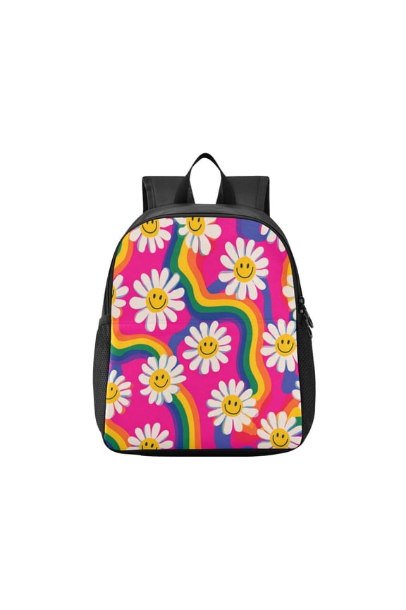 Toddler Backpack Groovy Daisies with Smiley Faces Waterproof Lightweight Backpack Casual Mini Daypack for Daycare & Travel