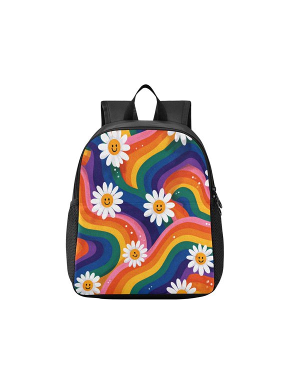 Toddler Backpack Rainbow-colored Waves with Daisies Waterproof Lightweight Backpack Casual Mini Daypack for Daycare & Travel