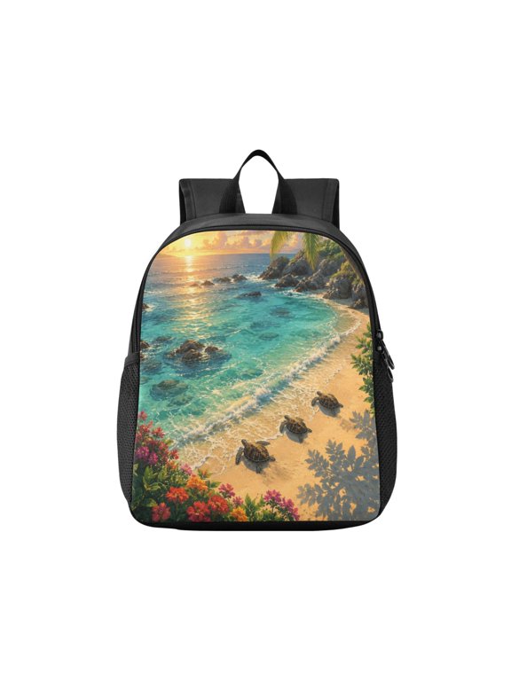 Toddler Backpack Tropical Shore Sunset Turtles Waterproof Lightweight Backpack Casual Mini Daypack for Daycare & Travel