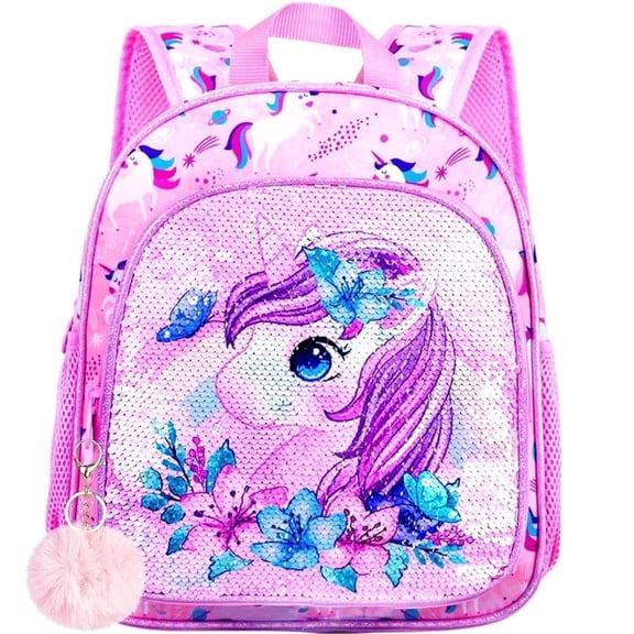 Toddler Backpack for Girls, Cute Unicorn Bookbag for Little Kids, 12” Sequin Kindergarten Preschool Schoolbag