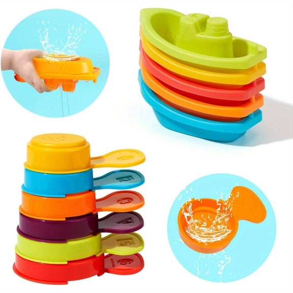 Toddler Bath Toy Set, Rainbow Colored Floating Boat and Spoon for Sensory Play, Water Table Learning Toy for Babies Ages 1-3