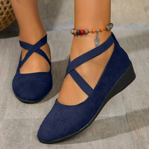Women's Ballet Flats Fashion Elastic Ankle Straps Wedge Shoes Suede Slip on Shoes,Blue 36