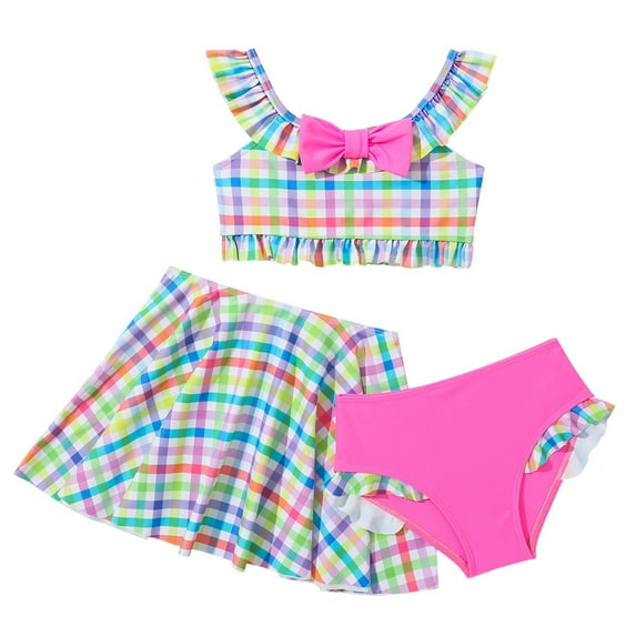 Toddler Bathing Suit Girl Plaid Print 3 Piece Bikini Set Fruit Style for Baby Girls Beach Swimwear Pink 5 Years-6 Years