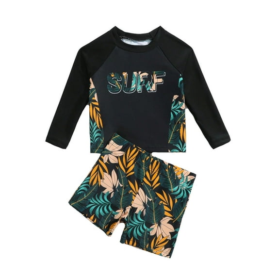 Toddler Bathing Suits For Boys Letter Floral Print Long Sleeve Tops Shorts Pants Swim Beach Bathing Swimsuit 2PCS Set Black,3Y
